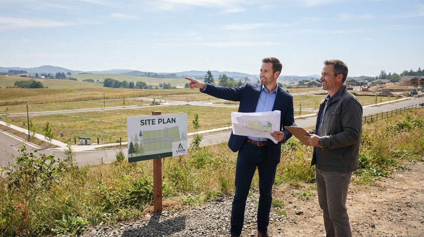 Two people viewing a plot of land for buying land with a loan