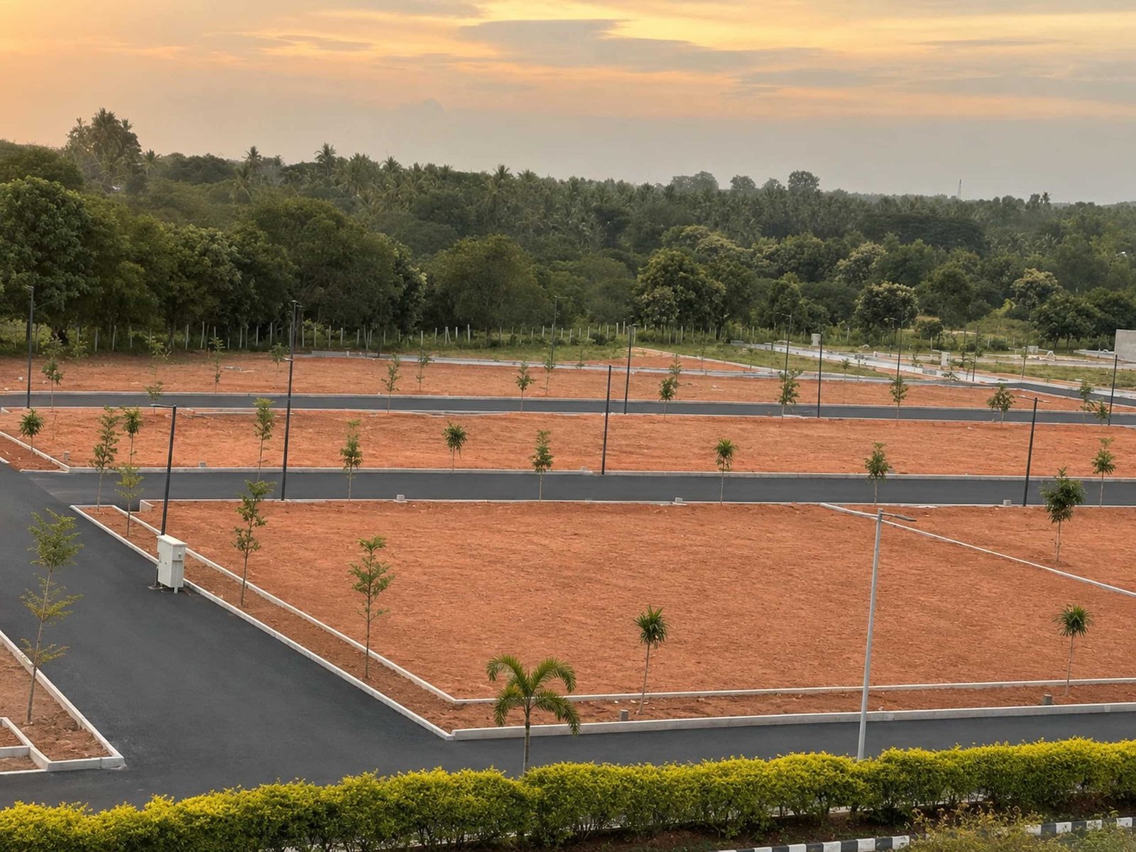 Scenic view of a newly developed area with paved roads, young trees, and lush greenery in the background